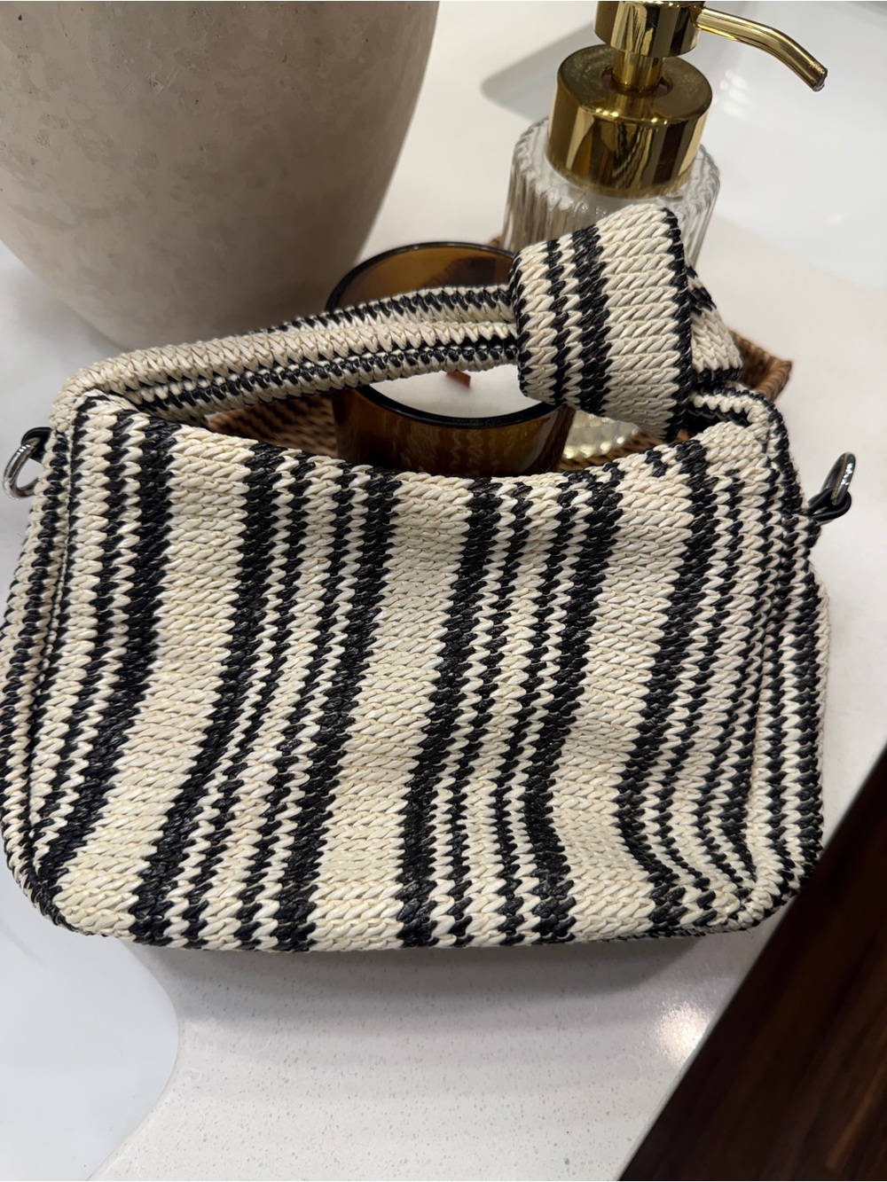 Striped Woven Shoulder Bag - Black & Cream